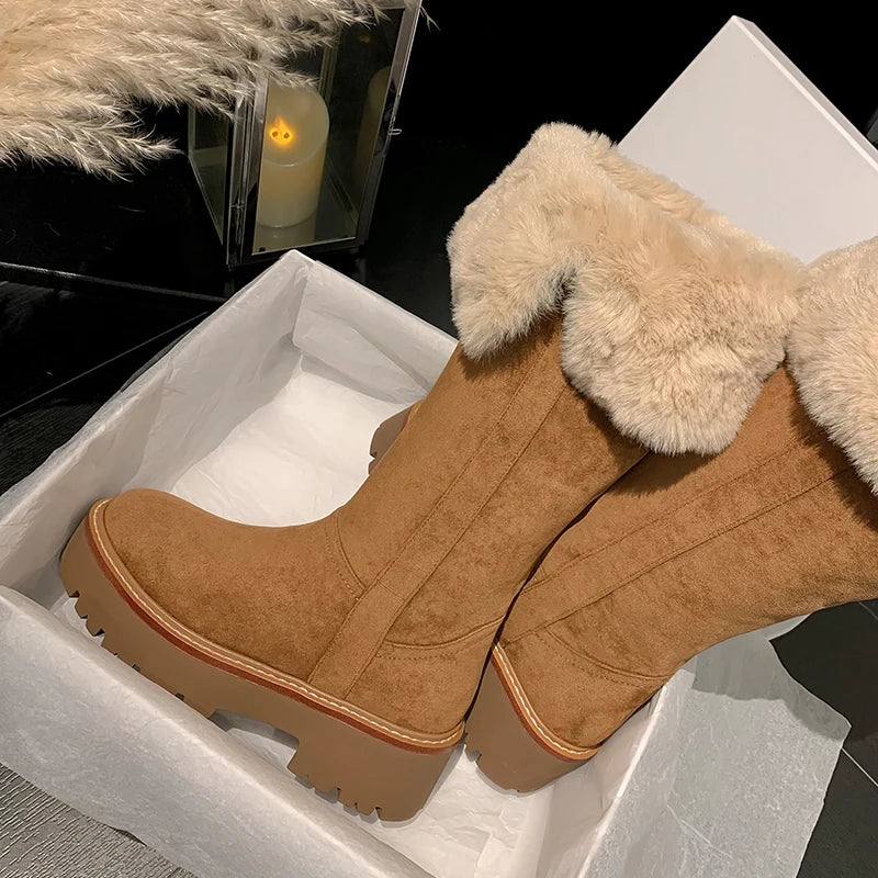 LBSFY  -  Cow Suede Leather Boots Women Slip On Wool Warm Winter Knee High Boots Handmade Ladies Platform Snow Boots Shoes