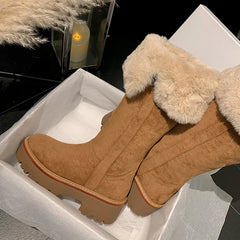 LBSFY  -  Cow Suede Leather Boots Women Slip On Wool Warm Winter Knee High Boots Handmade Ladies Platform Snow Boots Shoes