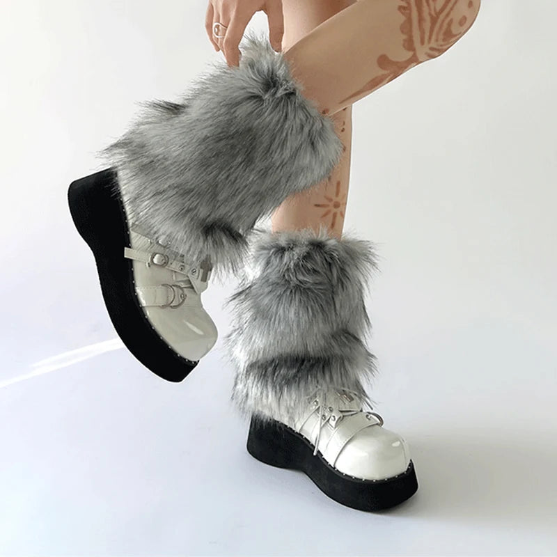 Lbsfy New Gray Imitation Wolf Fur Leg Warmers Y2k Girl Winter Warm JK Furry Boots Socks Gothic Punk Jk Knee-length Hiphop Stockings