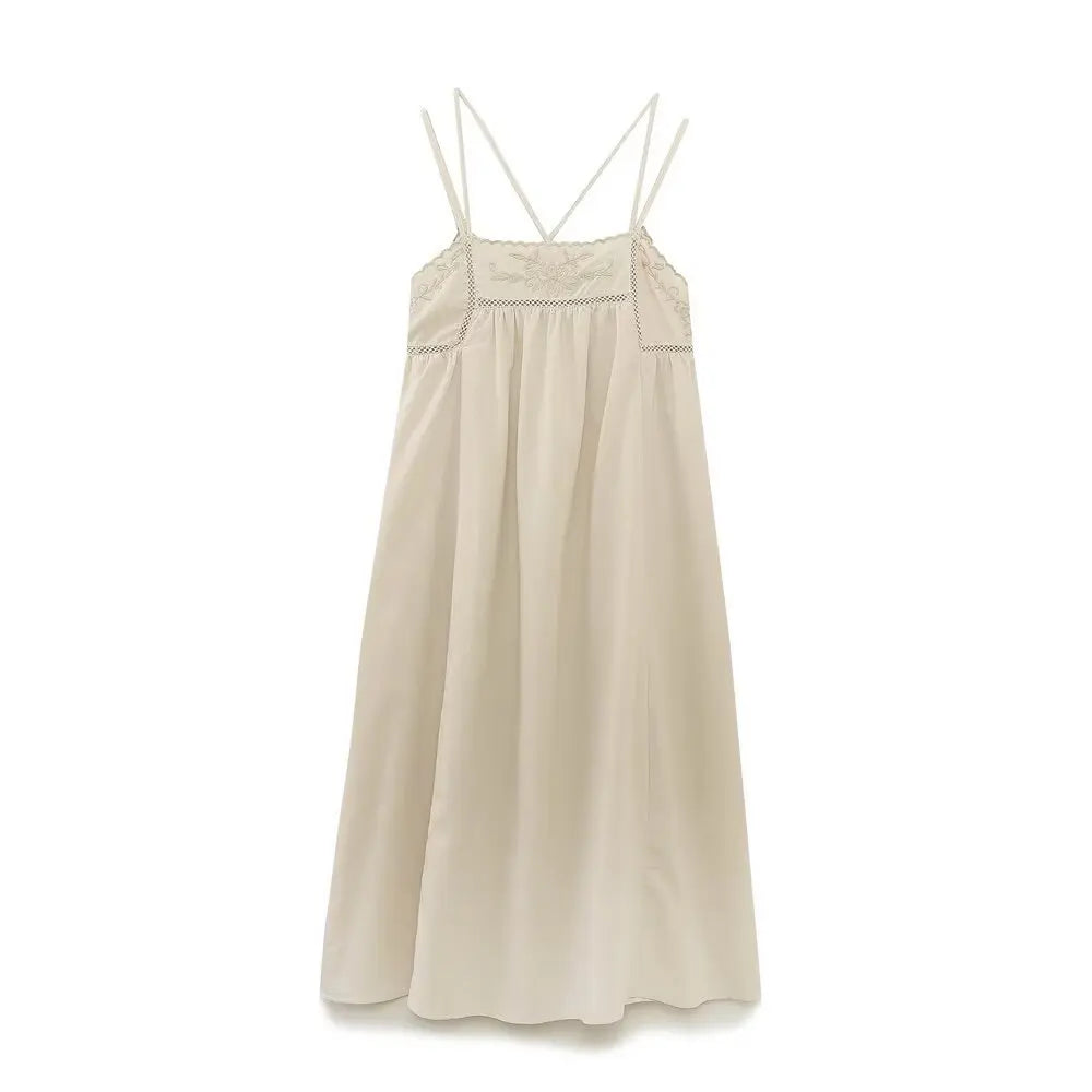 LBSFY -Fashion Embroider Linen Blended Casual Beach Dress Loose Backless Vacation Dress 2025 New Square Collar Fashion Vestidos