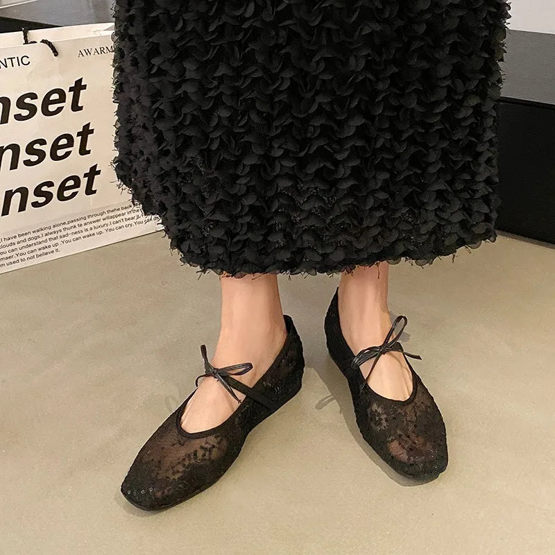 LBSFY -Mesh lace inner heightening women's shoes 2025 summer new sexy square head shallow breathable ballet shoes bow flat shoes
