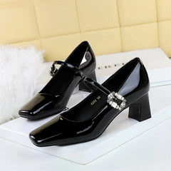 LBSFY -Banquet Mary Jane Women Single Shoes Square Toe Light Mouth Patent Leather One-Striped Rhinestone Buckle Thick Heel Medium Heel