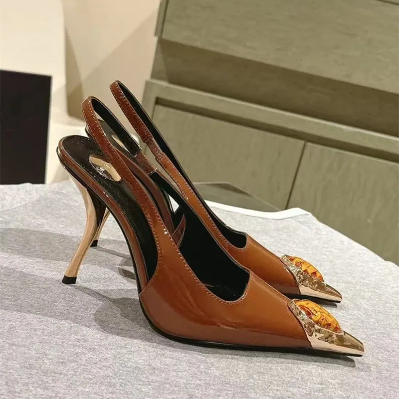 LBSFY  -  Star style Gemstone Metal Toe Patent Leather Women Pumps Fashion Stiletto High heels Spring Autumn Slingbacks Party Dress Shoes