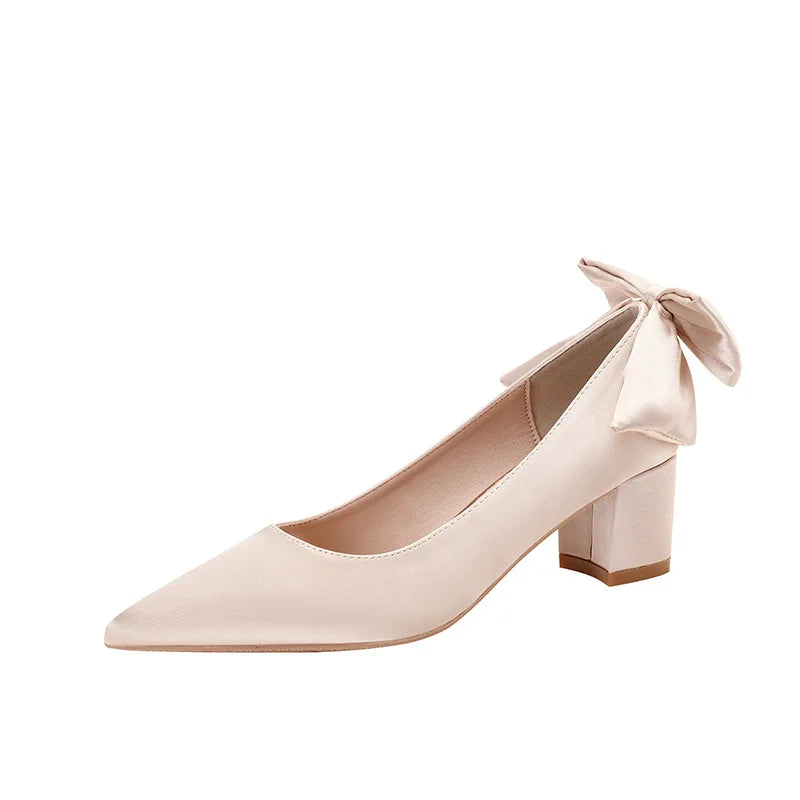 LBSFY  -  Size 30-44 Chunky Heel Pointed Bow High Heels Satin Champagne Color White Wedding Shoes Women Pumps
