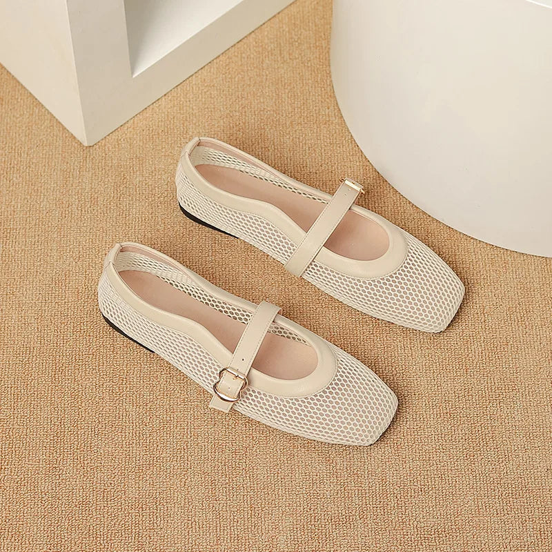 LBSFY  -  Fashion Square Toe Mesh Ballet Flats Buckle Strap Mary Janes Breathable Hollow Out Single Shoes Female Flat Bottom Casual Shoes