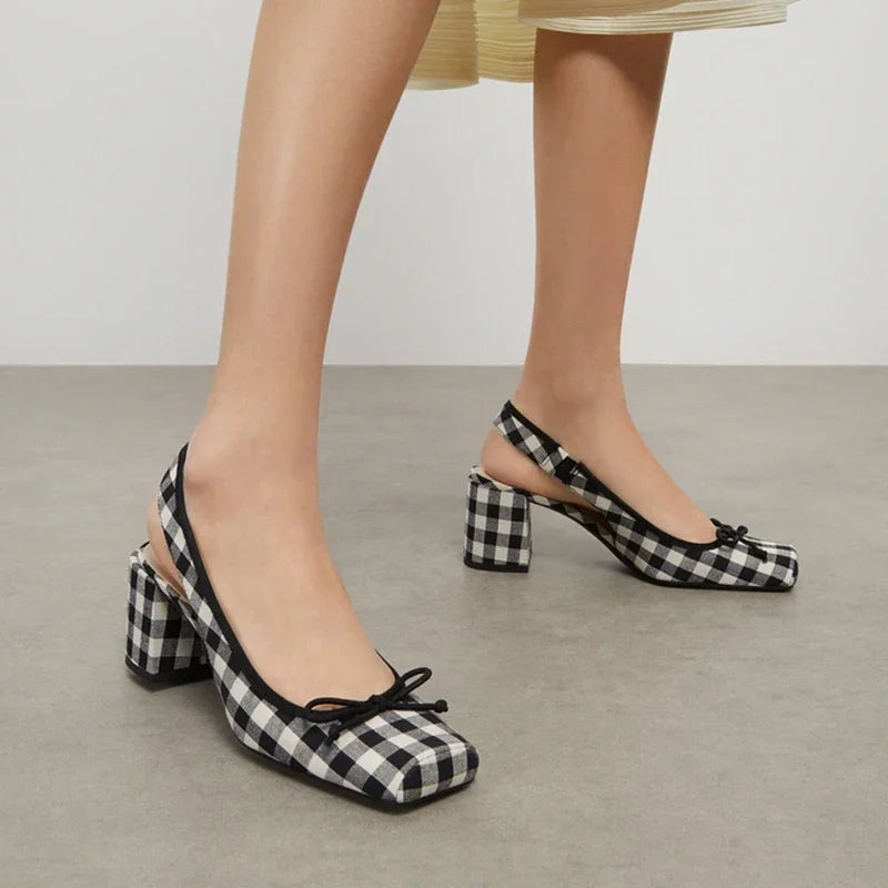 LBSFY  -  New DesignWomen Chunky Heeled Sandals Retro SquareToe Mary JanesPumpsSlingbacks Spring Summer High Heels Baotou Plaid Shoes