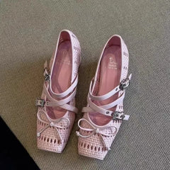 LBSFY -Square Toe, Thick Heel High Heels, Butterfly Bow, Mary Jane Shoes, Women's Hollow Out, Breathable, Mid Heel, High-heeled Sandals