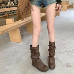 LBSFY  -  2025 New Genuine Leather Boots Women Pleated Mid Calf Boots Handmade Retro Western Boots Ladies Shoes