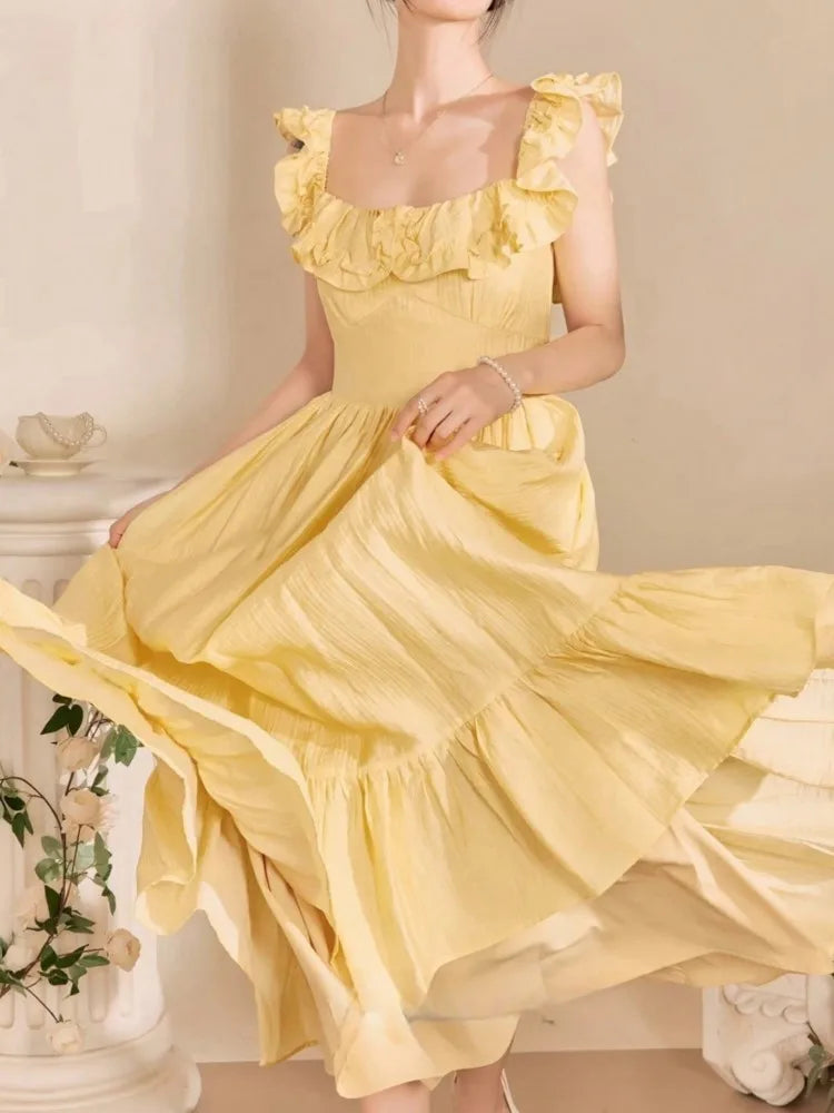 LBSFY -Yellow Ruffle Summer Chic French Pleated Long Dresses New Women's Flying Sleeve High Waist Square Collar Vacation Backless Dress