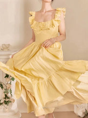 LBSFY -Yellow Ruffle Summer Chic French Pleated Long Dresses New Women's Flying Sleeve High Waist Square Collar Vacation Backless Dress