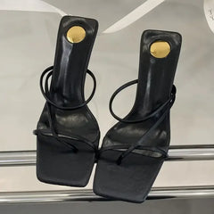 LBSFY -Summer New Fashion Narrow Band Hollow Out Slippers Women Square Toe Thin Low Heels Party Ladies Shoes