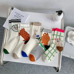 Lbsfy Women Socks Mid-tube Female Graffiti Illustration Stripe Cute Kawaii Harajuku Cartoon Cat Bear Animal Breathable Cotton Socks