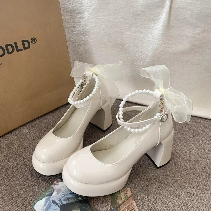 LBSFY -Mary Jane Shoes Women's Spring New Ultra-high Heel Pearl Chain with Platform Block Heel Wedding Shoes Lolita Shoes