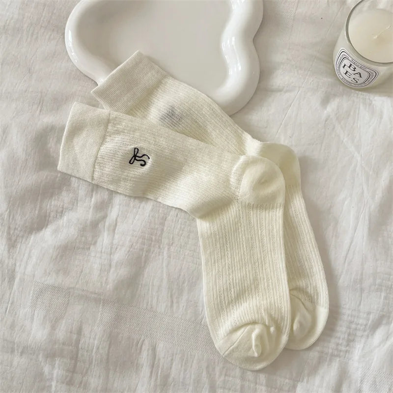 Lbsfy Women's Socks Mid-tube Spring Summer White Thin JK Solid Colors Harajuku Fashion Kawaii Girls Ballet Hollowed-out Bow Socks