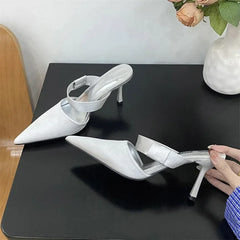 LBSFY -Spring Summer Satin Hollow Mules Women Slippers Elegant Pointed Toe Thin High Heels Dress Ladies Shoes