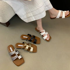 LBSFY  -Summer Casual Flat Sliper Square Toe Shoes Women Slip-On Beach Slides Soft Outdoor Sandals Mujer