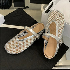 LBSFY -Mesh Hollow Out Buckle Strap Mules Slippers Women Fashion Elegant Round Toe Low Flat Heels Party Dress Shoes