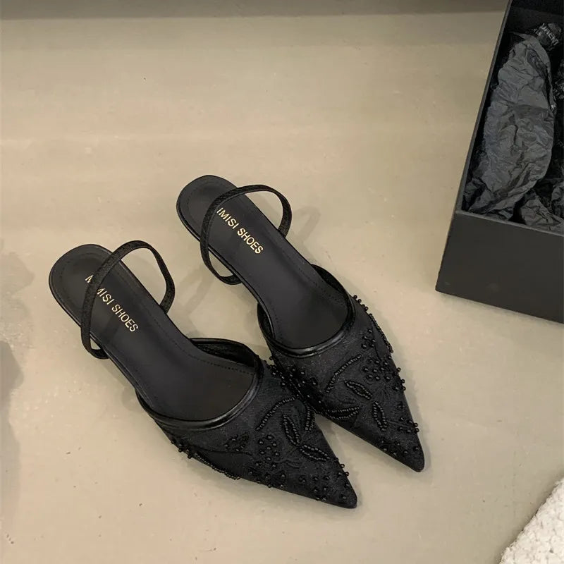 LBSFY  -Silk Sequin Rhinestone Decoration High Heels Muller Single Shoes Pointed Fine Heels Slippers Dress Banquet Female