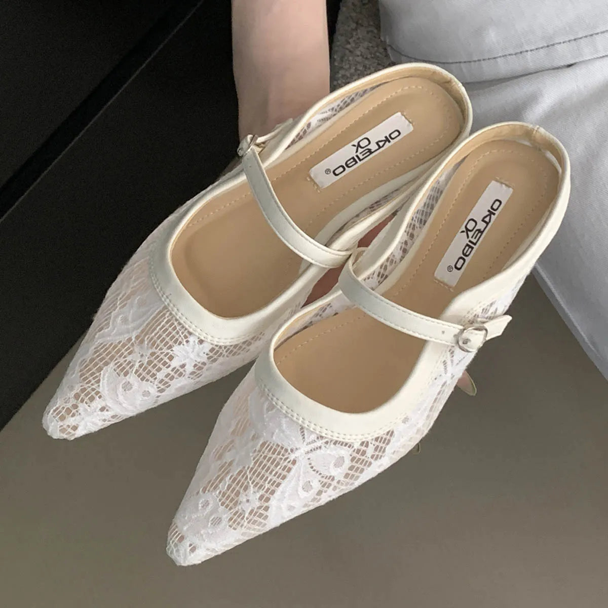 LBSFY -Fashion Hollow Out Lace Mesh Buckle Women Slippers Sandals Pointed Toe Thin Low Heels Slingback Mules Shoes Zapatos De Mujer