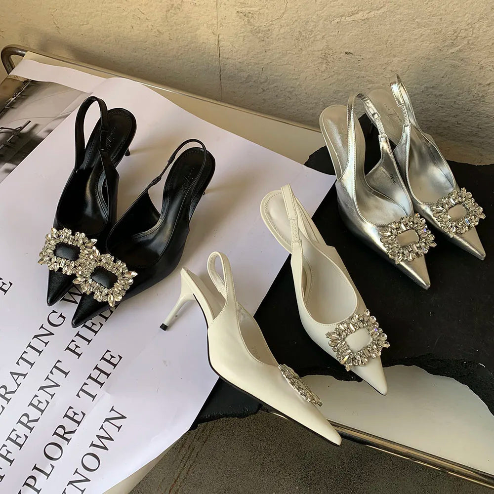 LBSFY  -  Pointed Toe Women Sandals Thin High Heels Back Strap Rhinestone Crystal Buckle Black White Silver Summer Stiletto Party Pumps 39