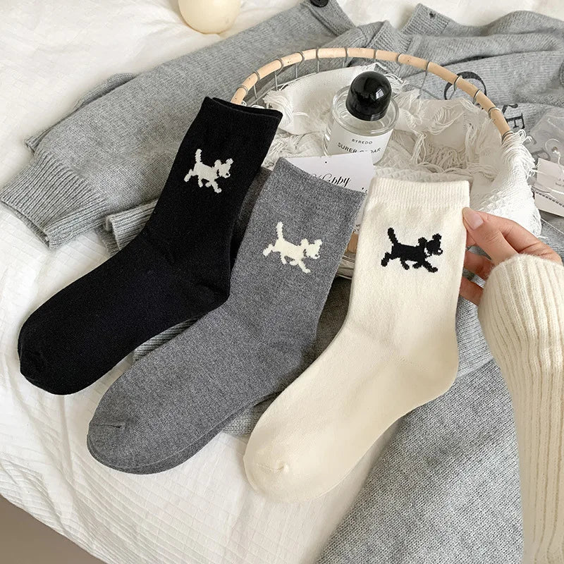 Lbsfy Women's High-quality Combed Cotton Socks Cartoon Pattern Funny Cat Puppy Cute Fashion Striped Mid-calf Socks