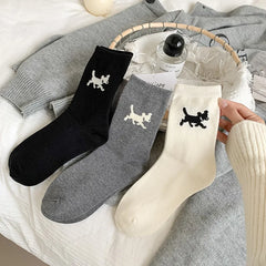 Lbsfy Women's High-quality Combed Cotton Socks Cartoon Pattern Funny Cat Puppy Cute Fashion Striped Mid-calf Socks