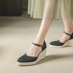 LBSFY  -  Size 35-42 Wedge Heel Platform Straw High Heel Summer Shoes Women Black Mesh Sandals