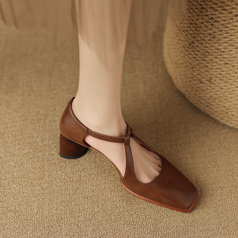 LBSFY  -  New Fashion Pumps Genuine Leather Women Square Toe Thick Heels  Pumps Shoes Woman Spring Summer Casual Party Shoes Woman