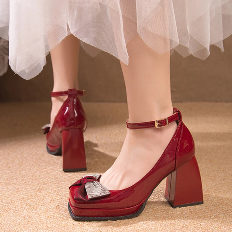LBSFY  -  Fashion Pearl Strap High Heels Pumps Women Patent Leather Crystal Bowknot Party Shoes Woman Square Toe Thick Heel Mary Janes