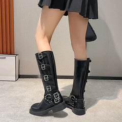 LBSFY  -  Ins style Fashion Metal Buckle Real Leather Women Motorcycle Boots Vintage Autumn Winter Gothic Platform Knee-high Boots Shoes