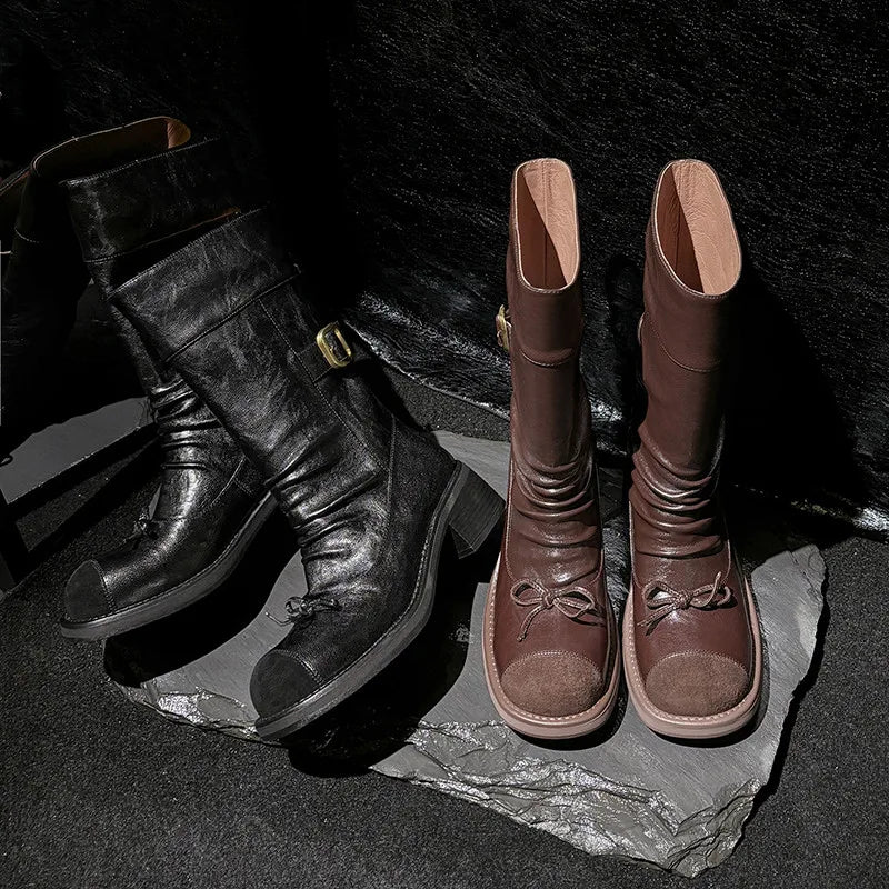 LBSFY  -  Fashion Short Boots Women New High Quality Genuine Leather Boots Splicing Round Head Belt Buckle Mid Top Boots Calf Boots