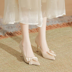 LBSFY  -  Size 30-44 Beige Bow High Heels Women Stiletto Heel Pointed Toe White Wedding Shoes Bow Point Toe Pumps