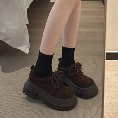 LBSFY  -  Women heels brown vintage platform Nubuck Leather Shoes women's Comfortable Lace Up Oxford Loafers Casual College Student Shoe