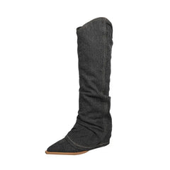 LBSFY  -   Women Blue Denim Jeans KneeHigh Boots Embroidery Sewing Trousers Pleated Boots Winter Ladies Pointy Toe Shoes