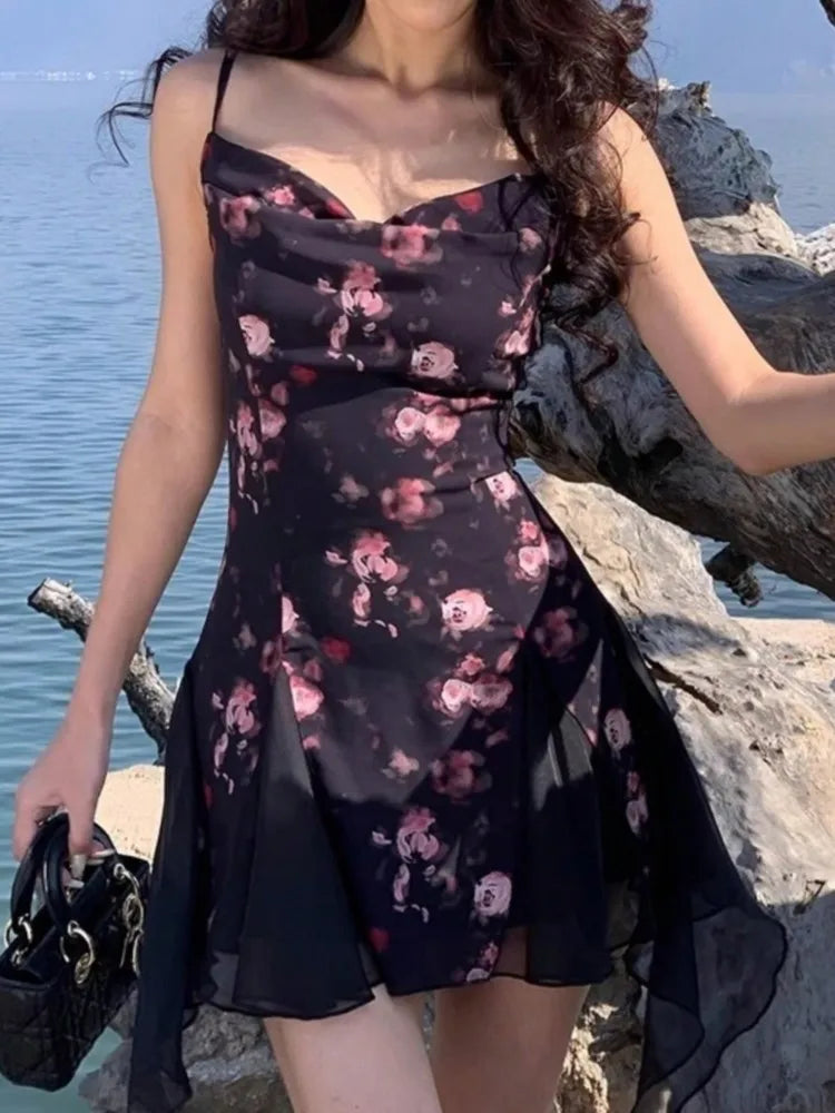 LBSFY -Summer Elegant Print Chic Ruffle Short Dress V-Neck Concert Strap Chiffon Party Dresses Women Spliced Graduation Clothes 2025