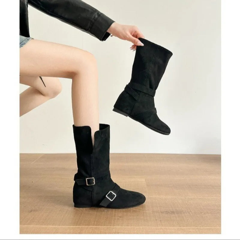 LBSFY -New Women's Vintage Suede Women Trouser Legs Boots Fashion Belt Buckle Slip on Shoes Autumn Winter Wedges Heel Ladies Long Boots