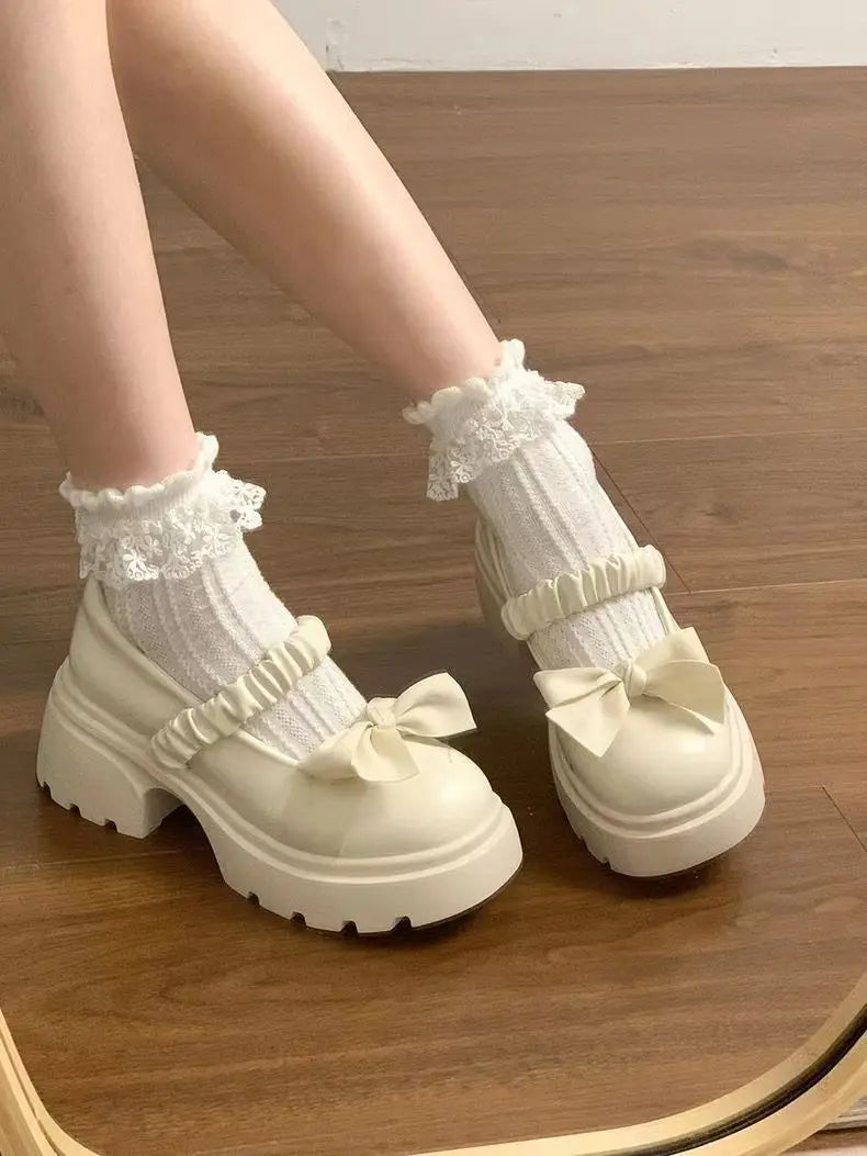 LBSFY -Japanese Style bowknot JK Thick Heel Mary Jane Women's Shoes Summer Vintage French Slip-On PU Leather Chunky Cosplay Pumps