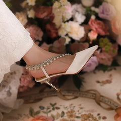 LBSFY  -  2024 Spring/Summer One line Wrap Head Sandals French Pearl Water Diamond White Wedding Shoes High Heels Slim Heels