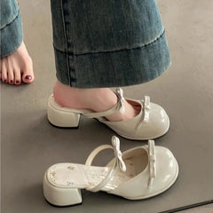 LBSFY -Small Floral Baotou Slippers for Summer Wear 2025 New Round Toe Shallow Mouth Bow with Skirt Block Heel High Heel Sandals