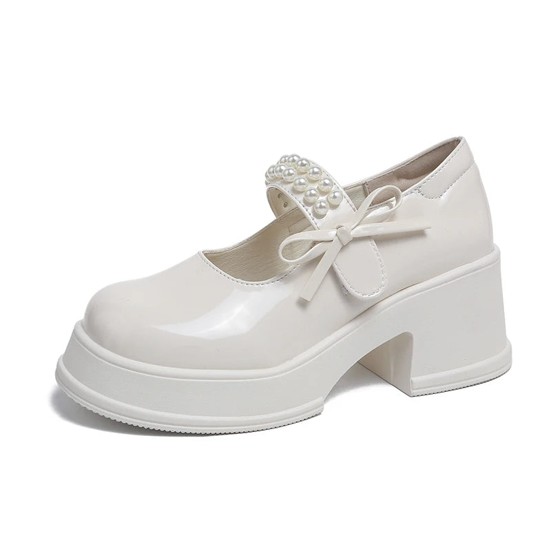 LBSFY -Vintage High Heels Mary Jane Shoes for Women 2025 Patent Leather Platform Pumps Woman Pearls Thick-Heeled Shoes Female