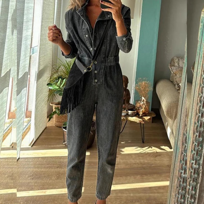 LBSFY  -  New 2024 Fall Casual O Neck Pocket Denim Playsuit Retro Long Sleeved Slim Romper Fashion Streetwear Elastic Waist Women Jumpsuit