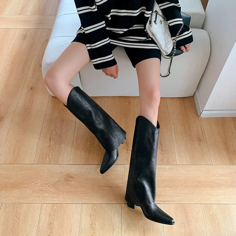 LBSFY  -  NEW Autumn Women Boots Split Leather Shoes for Women Pointed Toe Chunky Heel Shoes Casual Knee-high Boots V Fashion Pants Boots