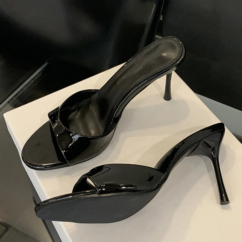 LBSFY  -Wine Red Patent Leather Women Slippers Sandals Fashion Round Open Toe Thin High Heels Mules Slides Summer Party Dress Shoe