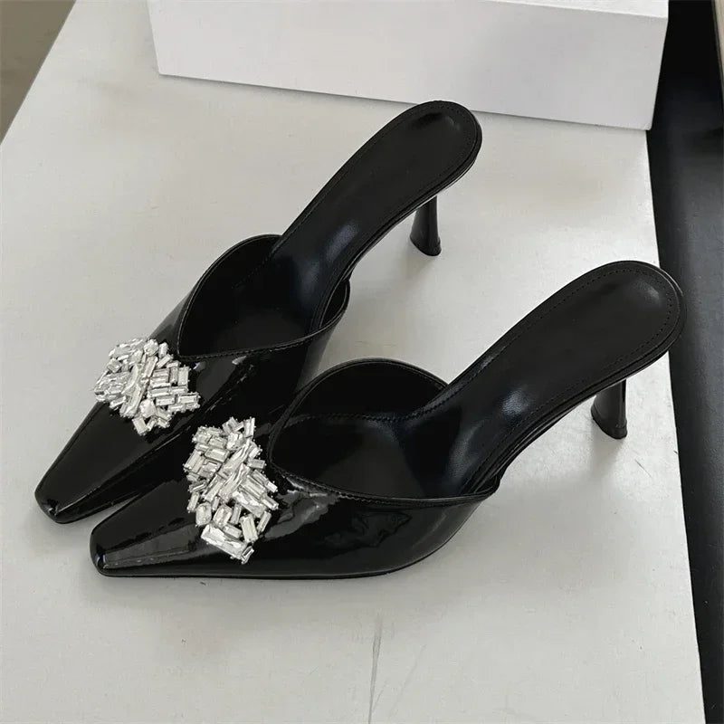 LBSFY -Rhinestone Pointed Toe Women Slippers Mule Shoes Elegant Spring Summer High Heels Zapatos De Mujer