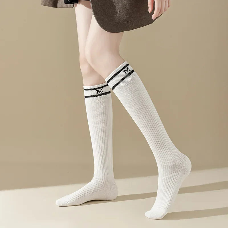 Lbsfy Cotton Women Stockings Japanese Style School Girls Long Socks Stocking Letter Embroidery Solid Color Black White Gray Knee Socks