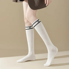 Lbsfy Cotton Women Stockings Japanese Style School Girls Long Socks Stocking Letter Embroidery Solid Color Black White Gray Knee Socks