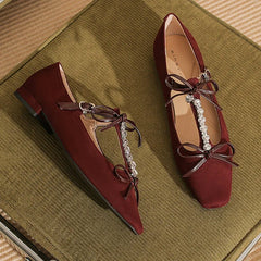 LBSFY  -  Crystal Chain Mary Jane Shoes Women Bow Soft Sole Square Toe Dress Shoes Shallow Female Suede Rhinestone Designer Shoes Women
