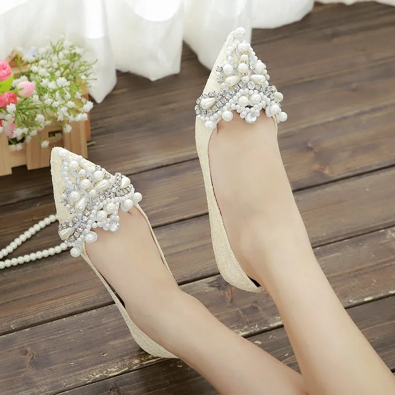 LBSFY -New Crown Pearl Soft Flats Wedding Shoes Pointed Toe Women Dress Moccasins Low Pearl Heel Ladies Fashion Luxury Plus Size 43