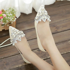 LBSFY -New Crown Pearl Soft Flats Wedding Shoes Pointed Toe Women Dress Moccasins Low Pearl Heel Ladies Fashion Luxury Plus Size 43