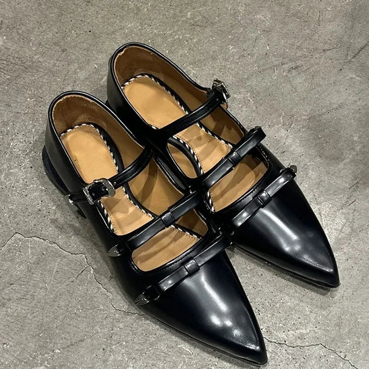 LBSFY  -  Japanese Metal Buckle Bow Mary Jane Shoes Sweet and Cool Pointed Leather Shallow Mouth Flat Sole Single Shoes for Women